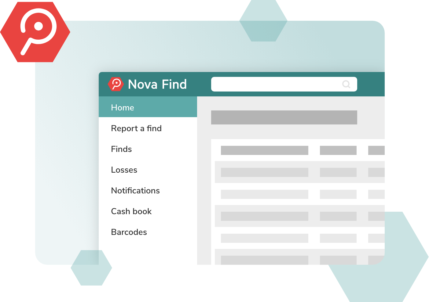 nova find app ui en Nova Find App user interface with the options of recording finds, finds, losses, notifications, cash book, barcodes.