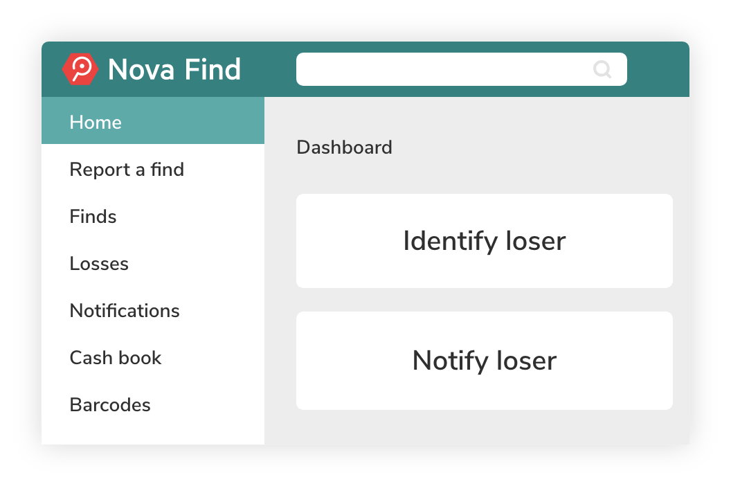 nova find dashboard en Dashboard of the Nova Find software with one click to locate losers and notify losers.
