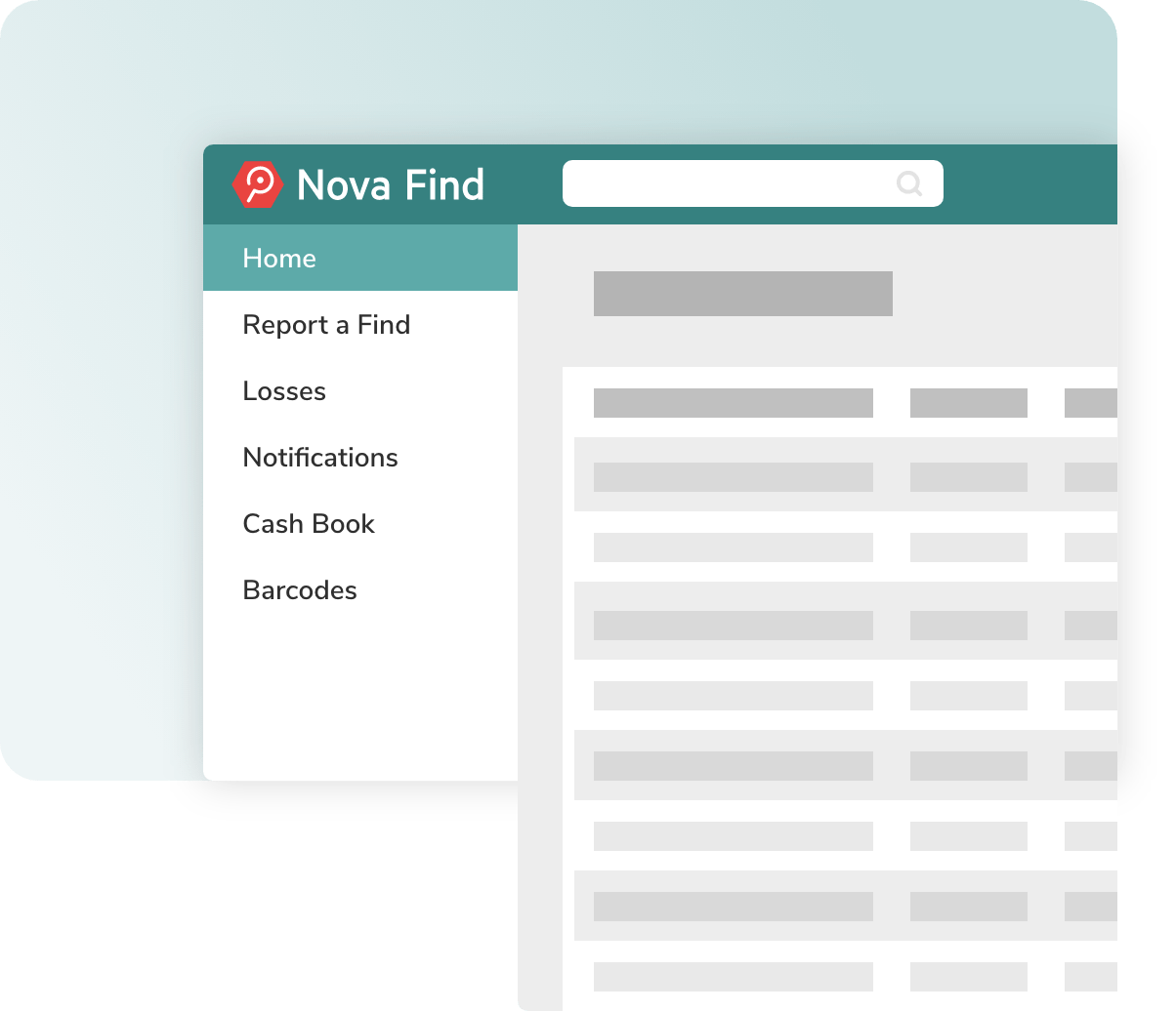 Nova Find software screen, which shows the functions of the software. How to record findings, finds, losses, notifications, e-mail partner company, cash book, barcodes.