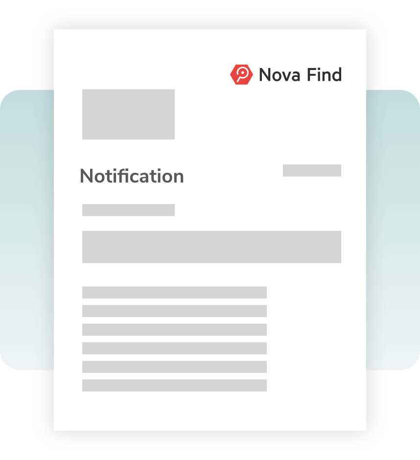 Graphic of a Nova Find certificate. You can see a document with the subject Certificate and the Nova Find logo