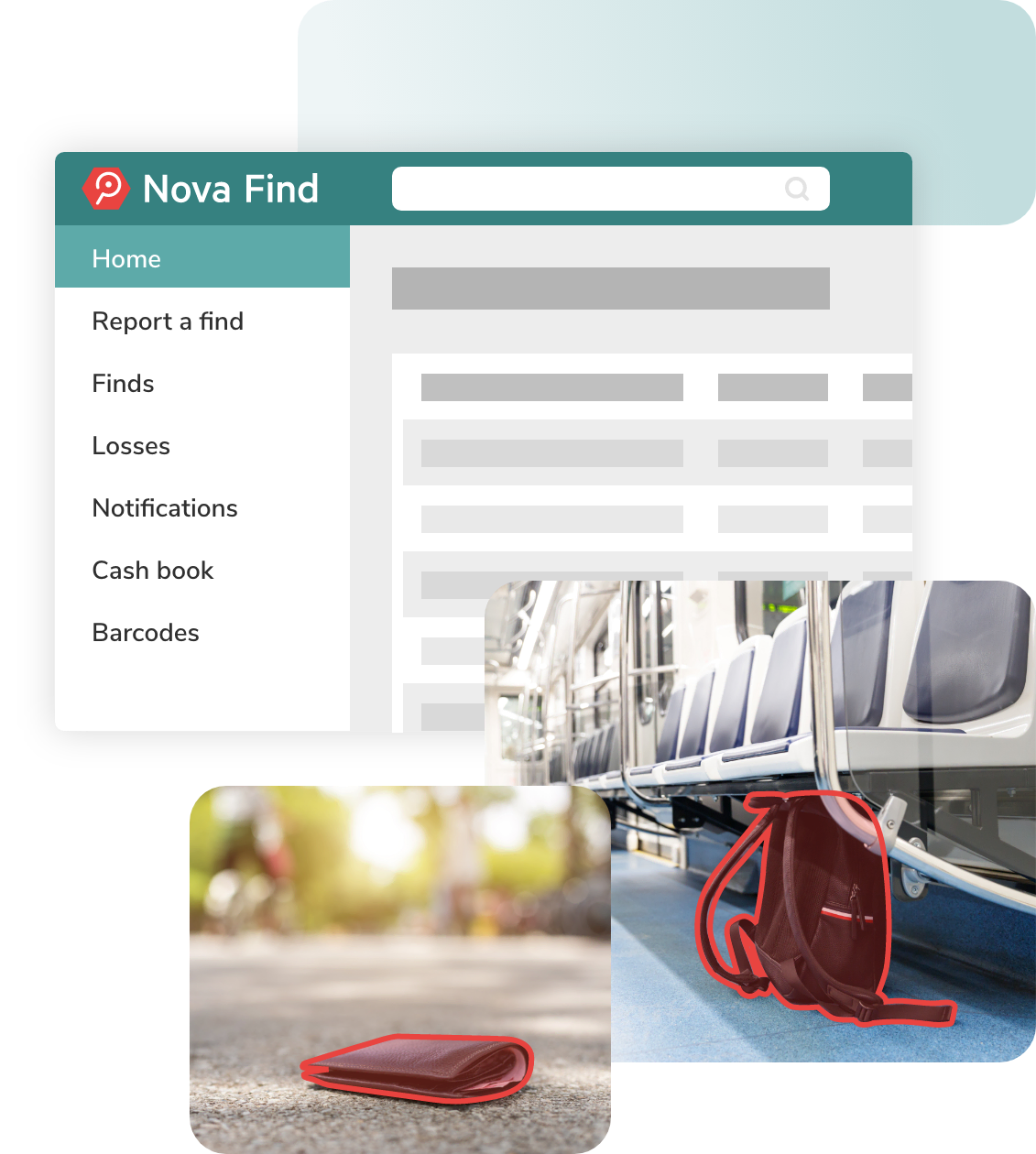 Nova Find Dashboard with Nova Find logo at the top, a search bar and the side menu bar with Home, Record Find, Finds, Losses, Notifications, Cash Book and Barcodes. Below are 2 pictures. One picture shows a backpack standing on the floor of a subway. The backpack is highlighted with red paint. The 2nd picture shows a wallet lying on the street and is highlighted in red.
